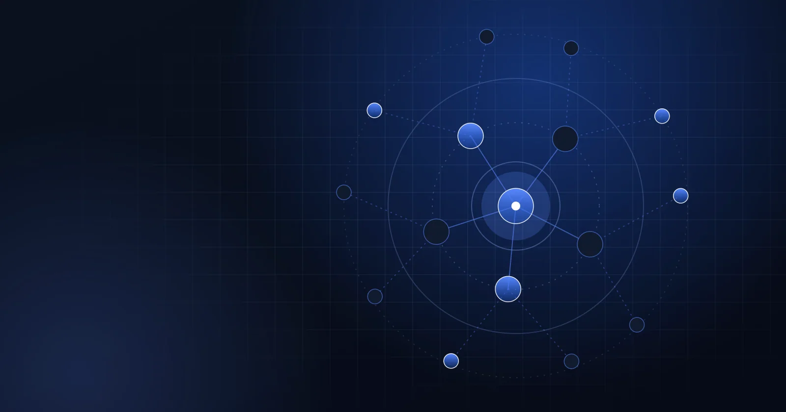 Composição abstrata em azul escuro, com um ponto central que se espalha em ondas e em ramificações de conexões, sugerindo a indicação entre clientes.